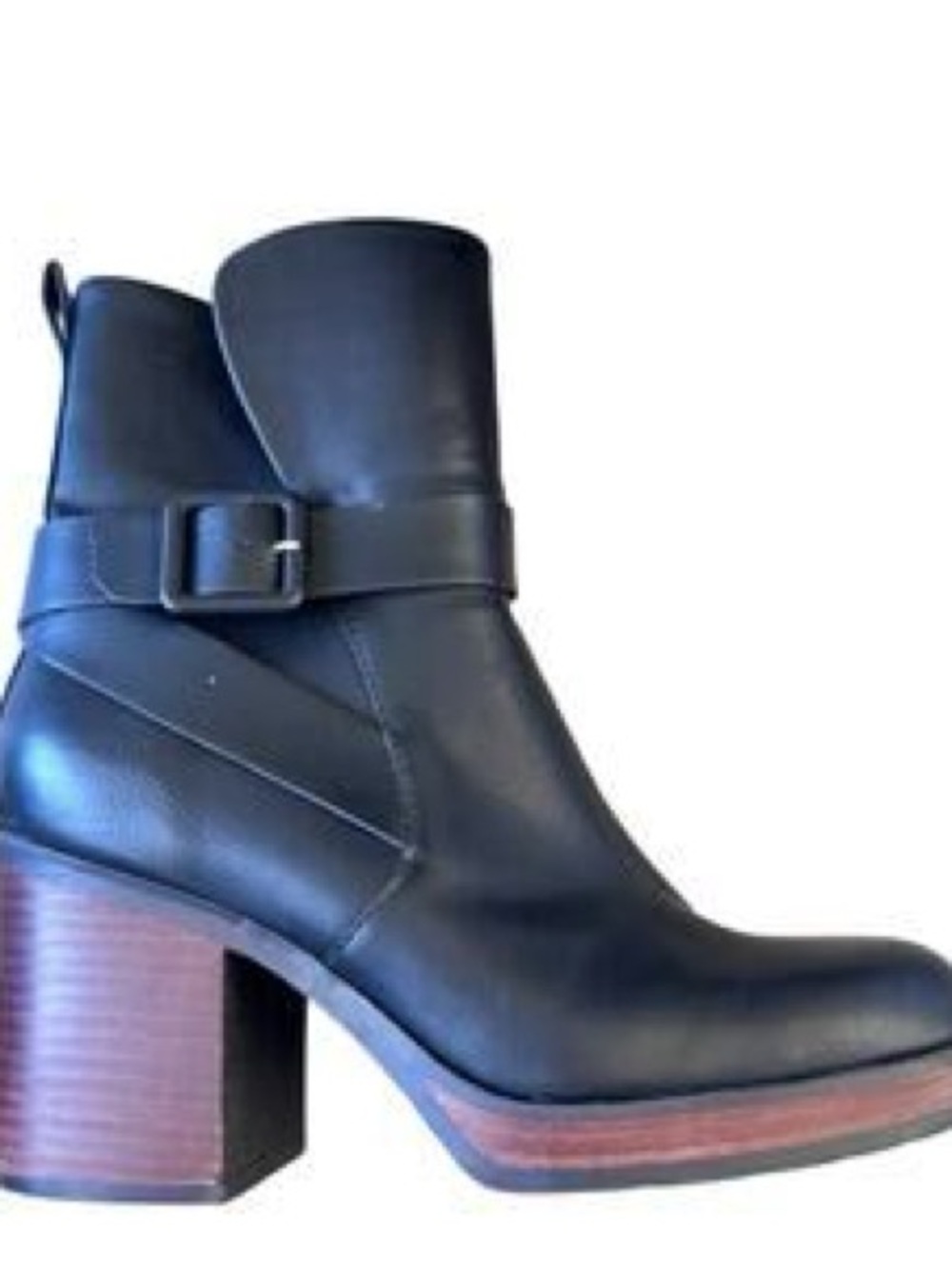 Kork-Ease Black Leather Buckle Strap Block Heel Ankle Boot